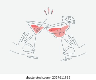 Hand holding margarita and manhattan clinking glasses drawing in flat line style