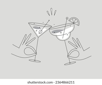 Hand holding margarita and manhattan cocktails clinking glasses drawing in flat line style on grey background