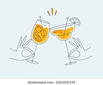 Hand holding margarita and sprits cocktails clinking glasses drawing in flat line style on light background