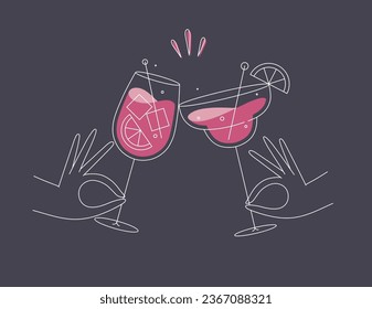 Hand holding margarita and sprits cocktails clinking glasses drawing in flat line style on dark blue background