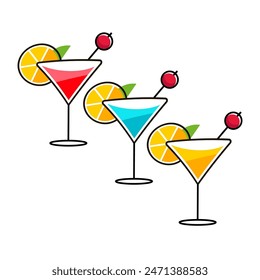 Hand holding margarita and sprits cocktails clinking glasses drawing in flat line style