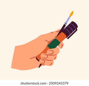 Concepto de marcador de sujeción de mano. Brazo con papelería. Educación y aprendizaje. Equipamiento de artista. Marcador de punta de fieltro con pincel. Ilustración vectorial plana aislada sobre fondo blanco