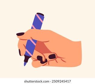 Concepto de marcador de sujeción de mano. Brazo con papelería. Educación y aprendizaje. Equipamiento de artista. Pegatina para redes sociales. Ilustración vectorial plana aislada sobre fondo blanco