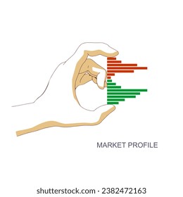 Hand holding market profile pattern. Color graph bars.