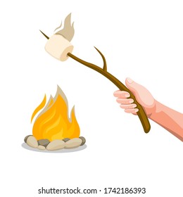 Hand holding Marshmallow Burning on bonfire. Concept Cartoon illustration vector isolated in white background