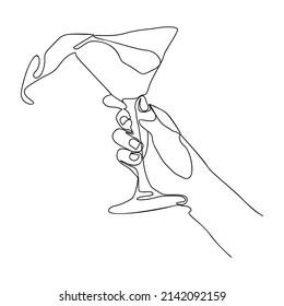 Hand Holding Martini glass, cocktail one line drawing, continuous modern illustration