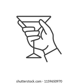 Hand Holding Martini Glass Line Icon.