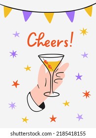 Hand holding a martini glass and olives, with the inscription - cheers. Festive print with garlands and stars. Cartoon style. Flat vector illustration.Design of a invitations, postcard,print or poster