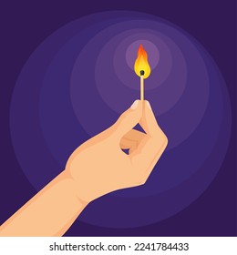 Hand holding match. Fingers hold glowing matchstick with burning flame in dark, fire wood stick for ignite light firework or heating, hands burn matches cartoon vector illustration of fire stick burn