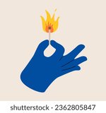 Hand holding a match in fire, flame. Colorful vector illustration

