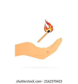 Hand holding match with fire. Realistic hand. White background. Vector illustration.