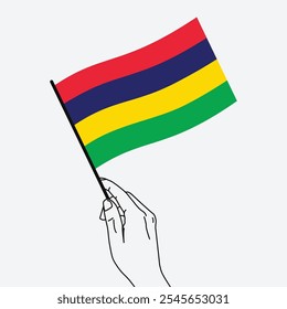 Hand holding Mauritius flag in line art drawing style. Mauritius hand Flag waving. Vector illustration