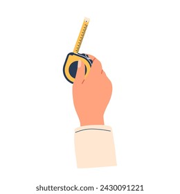 Hand Holding Measuring Tape, Handheld Tool Consists Of Flexible Strip With Markings For Length, Housed In A Compact Case
