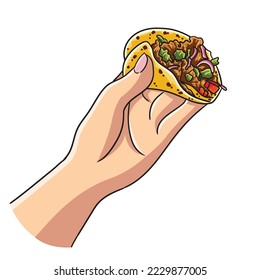 A hand is holding a meat vegetables taco in white background