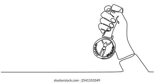 Medalla de mano. Dibujo continuo de una línea que representa el premio y el concepto de recompensa en diseño minimalista.