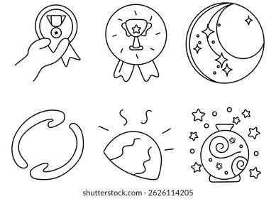 A Hand holding medal, trophy, crescent moon, circular shapes, sun, and decorative globe create vibrant infographic data circle
