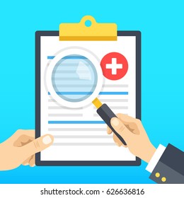 Hand Holding Medical Clipboard And Hand Holding Magnifying Glass. Clipboard With Medical Records. Patient Case Study, Analysis, Clinical Data, Diagnostics Concepts. Flat Design Vector Illustration