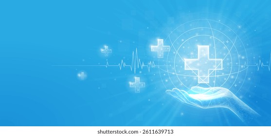 Hand holding a medical cross icon. Abstract background, hospital treatment, digital doctor, pharmacy medicine, nurse science, health service innovation, global health, care symbol, AI tech concept