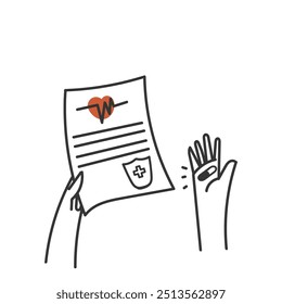 Mano que sostiene el documento médico con la protección del escudo y la ilustración de la medicina en doodle dibujado
