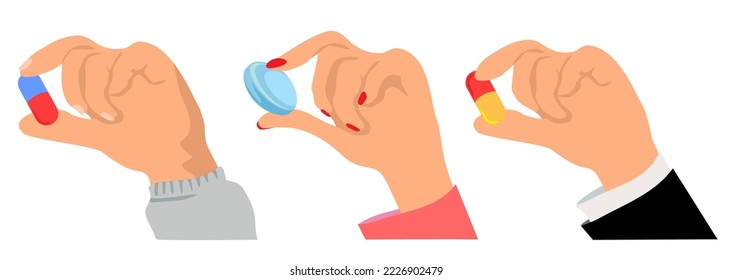 Hand holding a medical pill. Set. Human hand holding pill between fingers. Vector illustration in flat style isolated on white
