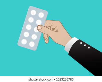 Hand holding medical pills in blister pack. Vector illustration in flat style