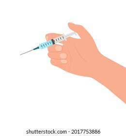 Hand holding Medical syringe. Injection. Healthcare concept. Vaccination.Vector illustration in flat design.