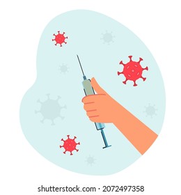 Hand holding medical syringe with needle. Pandemic covid-19 outbreak and vaccine against coronavirus disease flat vector illustration. Vaccination concept for banner, website design, landing web page