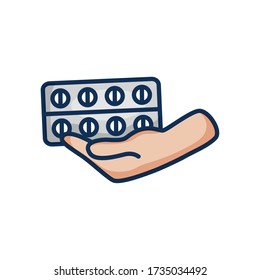 hand holding a medication blister icon over white background, line color style, vector illustration