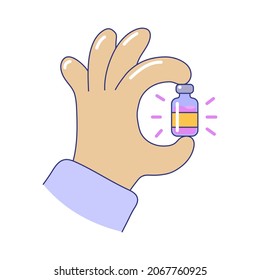 Hand holding medicine bottle doing ok sign gesture. Glass vial medical equipment, bottle of vaccine, scientific research concept cartoon vector illustration isolated on white background