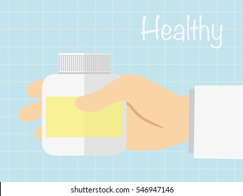 Hand holding medicine bottle to read label ,vector healty concept