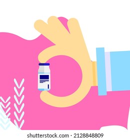 hand holding medicine bottle with vaccine for coronavirus. Virus protection concept. Vector illustration. 