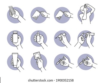 Hand holding medicine, cream, and syringe. Vector illustration of medication, supplement, ointment, and vaccine injection. 