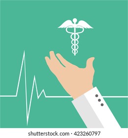hand holding medicines, behind green backdrop and life line
