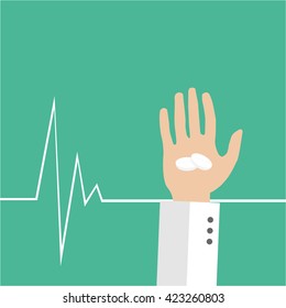 hand holding medicines, behind green backdrop and life line