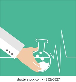 hand holding medicines, behind green backdrop and life line