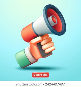 Hand holding megaphone, 3d vector. Suitable for recruitment, campaigns, marketing and business