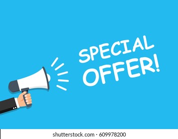 Hand holding Megaphone. Announcement. SPECIAL OFFER! - stock vector.