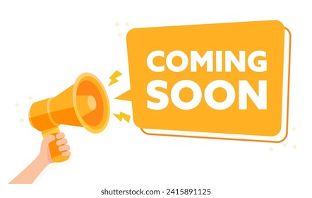 Hand Holding Megaphone Announcing COMING SOON with Vibrant Orange Banner Vector Illustration