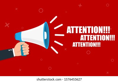 Hand holding megaphone - Attention. Vector flat