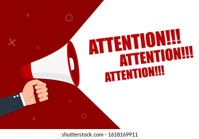 Hand holding megaphone - Attention. Vector flat
