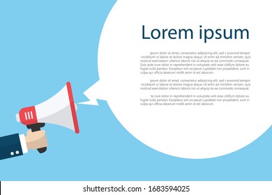 Hand holding megaphone with balloon chat on blue background. copy space for text. vector illustration flat design. business and finance concept.