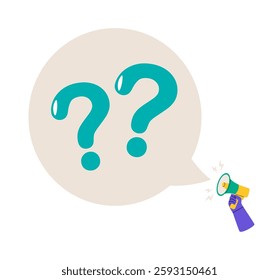 Hand holding megaphone with big question mark. Colorful vector illustration

