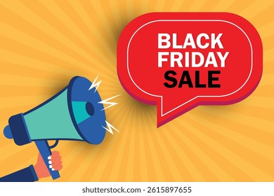 Hand holding megaphone with Black Friday Sale speech bubble