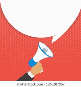 Hand holding megaphone with blank bubble speech. Loudspeaker advertisement concept. Banner for business, promotion and advertising. Vector illustration in flat style. EPS 10.