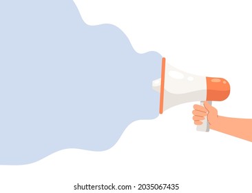 Hand holding megaphone with blank space for message. Concept of announcement, advertising, promotion, template banner, marketing, communication. Flat vector illustration.