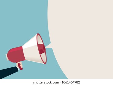 Hand holding megaphone with blank speech bubble