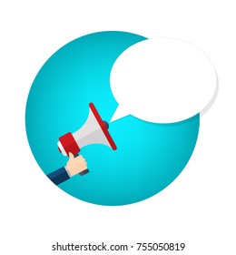 Hand holding megaphone with blank speech bubble. Empty speech bubble for advertising, warning, announce. Speak, shout, to call, announcing through megaphone. EPS10 vector.