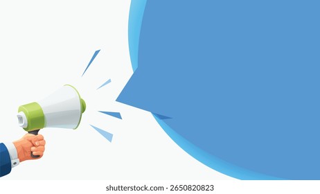 a hand holding megaphone with blue back