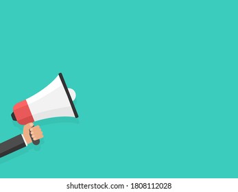 Hand holding a megaphone. Bright background for text or textures. Vector illustration.