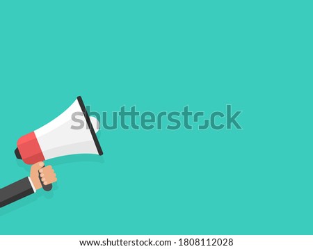 Hand holding a megaphone. Bright background for text or textures. Vector illustration.